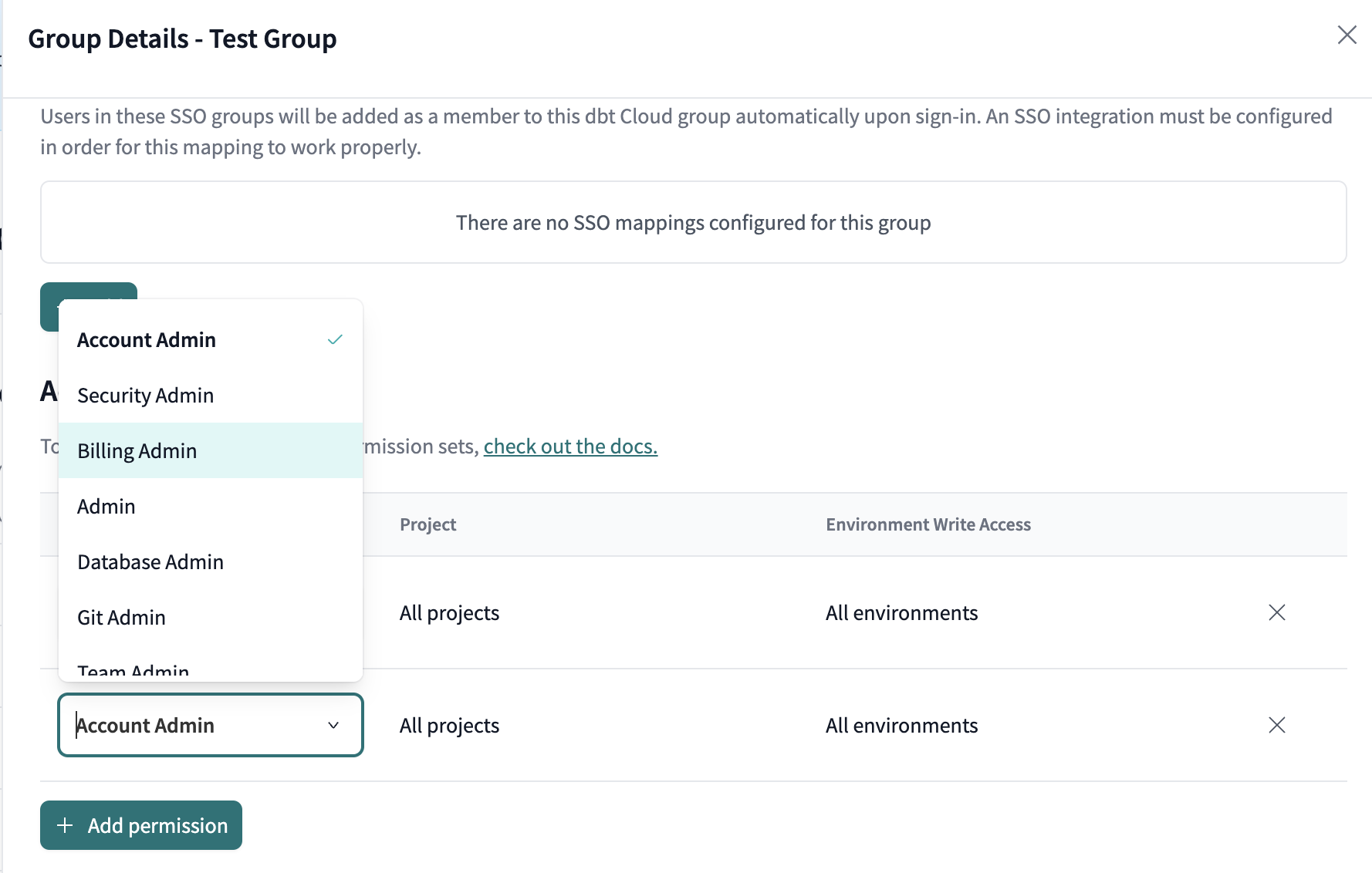 Example permissions dropdown while editing an existing group.